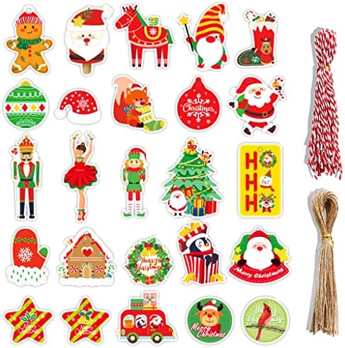 Jztang 100 PCs Feliz Natal Tags de presente, 25 desenhos Feliz Natal Tags Tags de presente de Natal com barbante para decorações de presentes de Natal