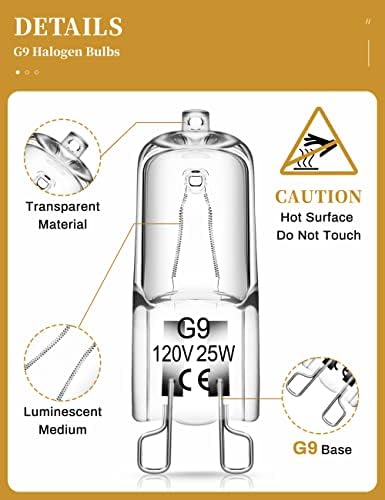 Lâmpada de halogênio Doresshop G9, 10 pacote de 2 pinos Tipo JC LUZ DE LUZ DE PEQUENA 120V T4 BI-PIN 25W G9 Dimmable Long