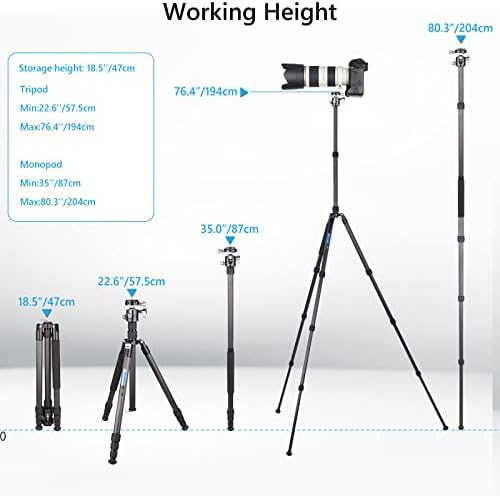 76,4 Câmera de fibra de carbono tripé com 35mm de bola de baixo perfil ARTCISE Profissional Tripé compacto leve com 1/4 de fio feminino para câmera DSLR, câmera de vídeo de vídeo, carga máxima 33lbs/15kg