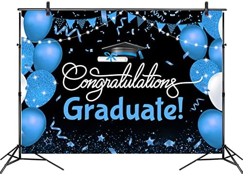 Cenário de graduação de 9x6ft para fotos de fotos de Black and Blue Balloon Parabéns aula de pós -graduação de 2023 Parabéns Faculdade de pós -graduação Celebração do baile de fundo da festa do baile