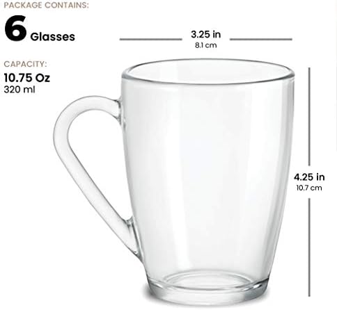 Conjunto de canecas de café de vidro rocco de Bormioli, média de 10 onças com alça conveniente, copos de chá para bebidas quentes/frias,