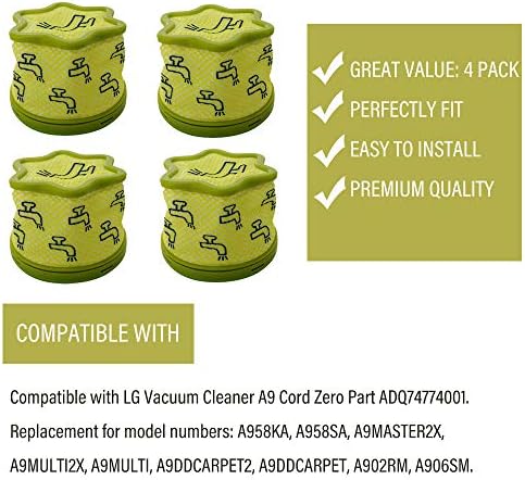 SmileFil 4 PCS A vácuo substituto pré -filtro compatível com LG Vacuum Cleaner A9 Cord Zero ADQ74774001