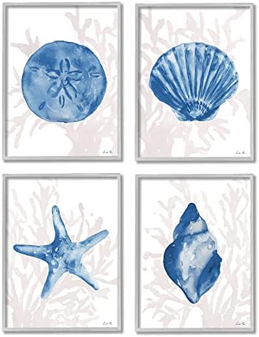 Stuell Industries Blue Shells Starfish e Sand Dollar sobre a Arte da parede emoldurada cinza de algas marinhas