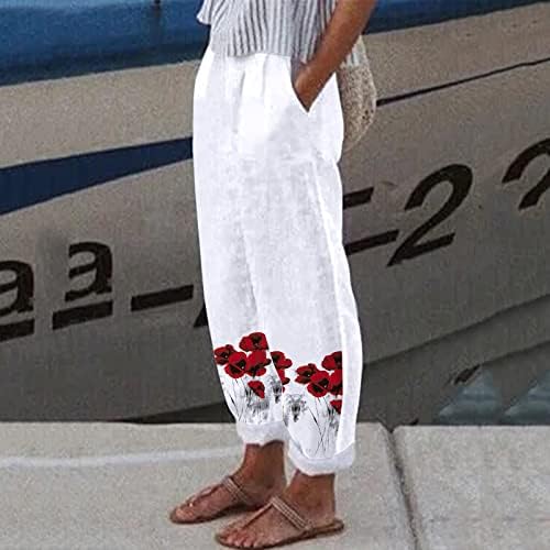 Calça de linho de algodão Capri Capri Casual Summer Capri Pants com bolsos Alta cintura calça de praia Floral Harem Flora