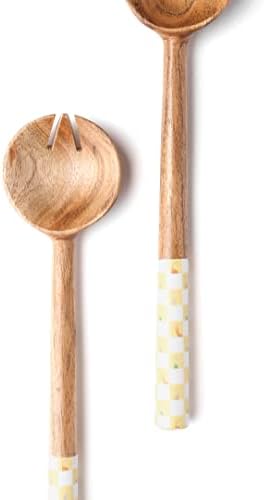 Yotreasure Tiramisu Amarelo e Ivory utensílios de madeira xadrez para servir salada, colher e garfo para cozinha moderna