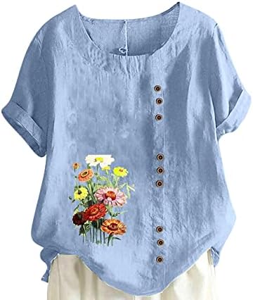 Teen Girls Linen Cotton Tee de manga curta Crewneck Daisy Flower Graphic Lounge Plus Size Top Top Shirt for Women Vs