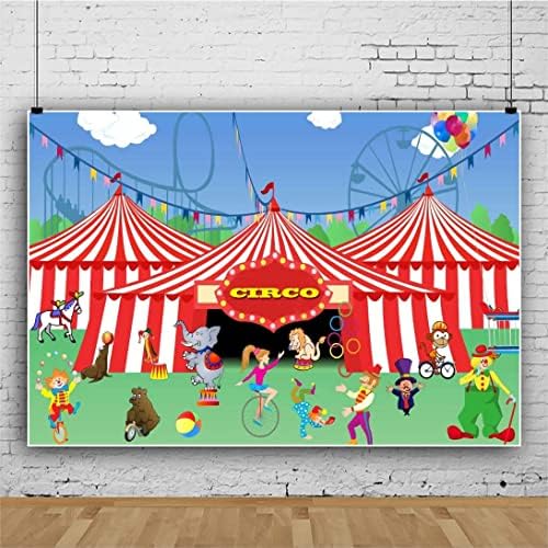 Dorcev 5x3ft Circus tem tema cenário Big Top Playground Playground Animal Clown Show Acrobatic Roller Coaster Background Primeiro 1º aniversário da festa da festa da festa de bolo Banner Garota