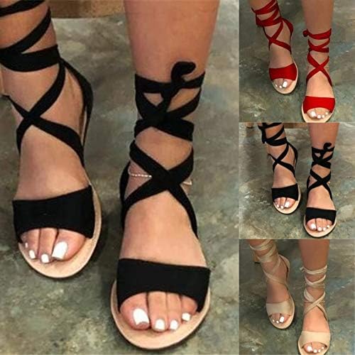 Sandálias masbird para mulheres, sandálias planas elegantes confortáveis ​​e fofas de sandal renda para cima de calcinha casual
