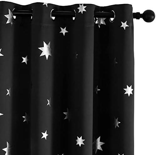 Cortinas de Blackout Blackout de Anjee com estampa de estrela prateada para quarto de crianças, cortinas de janela isolada térmica de ilhó 2 painéis 2 painéis W52 x L63 polegadas, preto