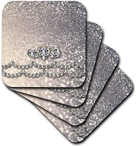 3Drose Sparkling Luxury Diamond e Heart Silver Faux Glitter Effect Print, conjunto de 8 montanhas -russas macias