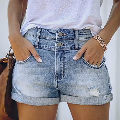 Surtos de jeans da cintura alta feminina Jeans retos Jean Shorts Casual Summer dobrado Hem calça calça quente com bolsos