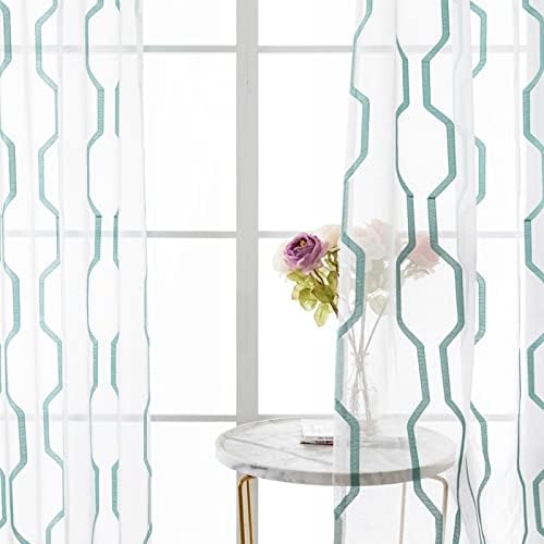 DAESAR 2 painéis cortinas semi -transparentes para sala de estar, cortinas de ilhós de voile poliéster azul verde geométrico de bordado hexagon das cortinas de tratamento de janela 38 w x 63 l