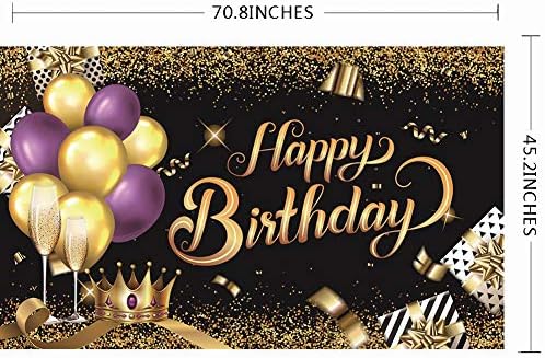 Balanador de fundo de feliz aniversário Balão de ouro roxo preto Poly Crown Poster Booth Background 70,8 x 45,2 polegadas para homens e mulheres, meninos, homens, meninas, Decoração de festa de aniversário de senhoras