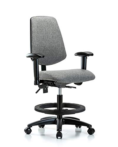 Labtech Seating LT42270 Cadeira de bancada média, tecido, base de nylon de fundo médio - braços, anel de pé preto, rodízios, cinza