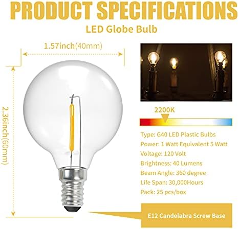 Substituição de lâmpadas Ecovania G40, lâmpadas de globos de plástico de 1 watt à prova de plástico para luzes de cordas internas externas, base de candelabros e12 ou C7, lâmpadas incandescentes equivalentes 5watt, branco quente, 25pack