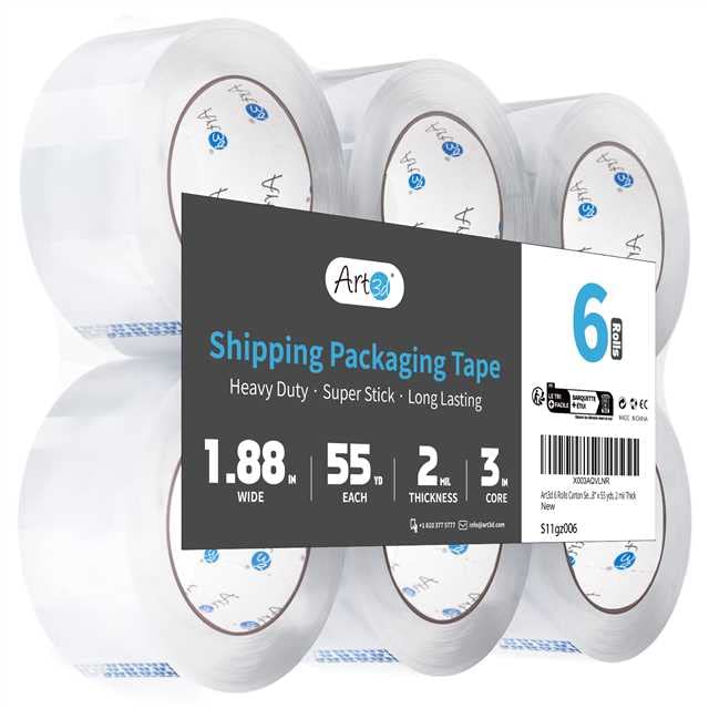 Art3d 6 Rolls Carton Sealing Tape Hovery Duty, fita de embalagem transparente, 1,88 x 55 jardas, 2 mil de espessura