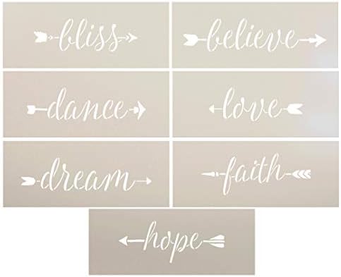 Palavras de inspiração e flecha de amor Conjunto de estêncil - 7 peças definidas por Studior12 | Modelo Mylar reutilizável | Use para pintar o sinal de madeira - Wall - DIY Decor - Bliss - Believe - Dance - Love - Dream - Faith - Hope