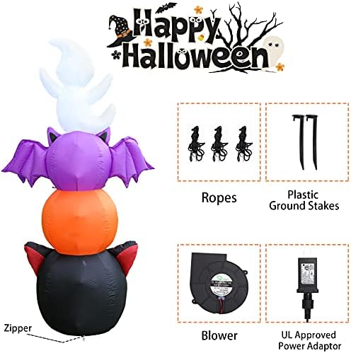 Mumtop 6,3 pés Halloween Infláveis ​​empilhados abóboras com pólo fantasma, gato preto, morcego, decoração de pátio com luzes
