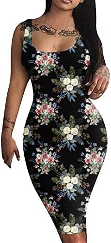 Lmdudan feminino sem mangas Round Neck Bodycon Dress 2023 Vestido de joelho com estampa floral com estampa floral de verão
