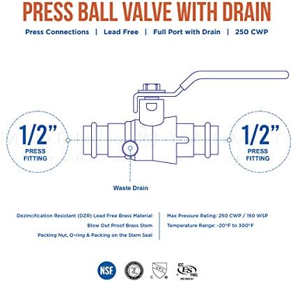 Válvula da linha média 532VLV012D-5 Válvula de esfera premium com dreno com conexões de 1/2 pol., Brass