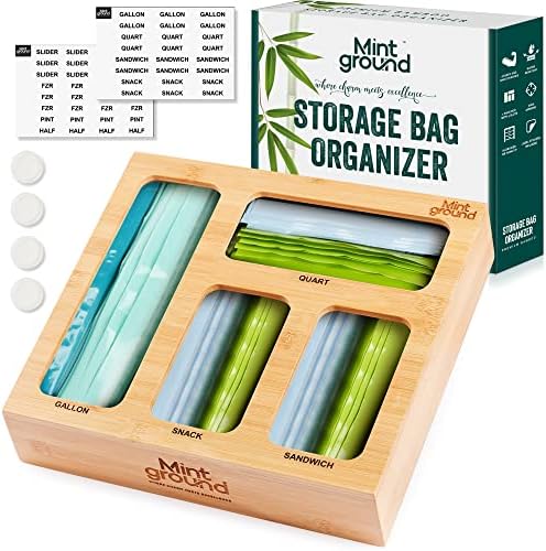 Mint Ground Bamboo Ziplock Bag Organizador de armazenamento para gavetas 56 rótulos incluídos - ajuste o controle deslizante, freezer, galão, quart, sanduíche e lanches