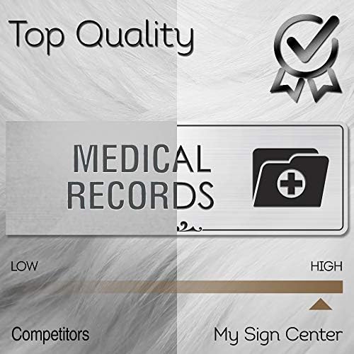 Recordamento de registro médico Sign Office Supplies Medical Sign, escovado prata, gravado, 3 x 9, resistência ao desbotamento, uso interno/externo, EUA feito pelo meu centro de sinais