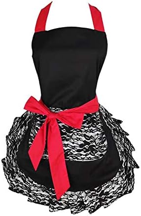 Avental de renda fofa de hyzrz com bolso, divertido aventais de pin -up de culinária retro sexy para mulheres meninas