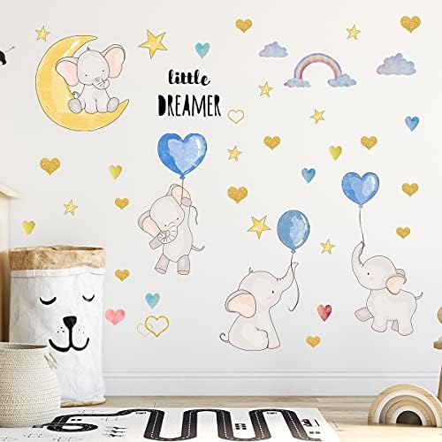 Decalques de parede de animais voadores de balão coloridos, corações de amor e estrelas do elefante fofo, adesivos de parede, Dilibra removíveis e decoração de parede de vinil neutro para crianças para crianças quarto de berçário