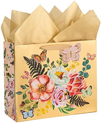 Maypluss 12,5 Bolsa de presente grande com papel de seda - Design floral de ouro com brilho de folha metálica glitter