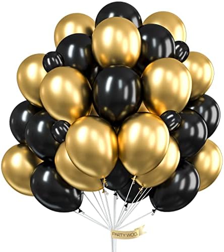 Partywoo Gold e balões pretos, 60 PCs de balões pretos, balões metálicos dourados para decorações de festas de ouro preto, decorações