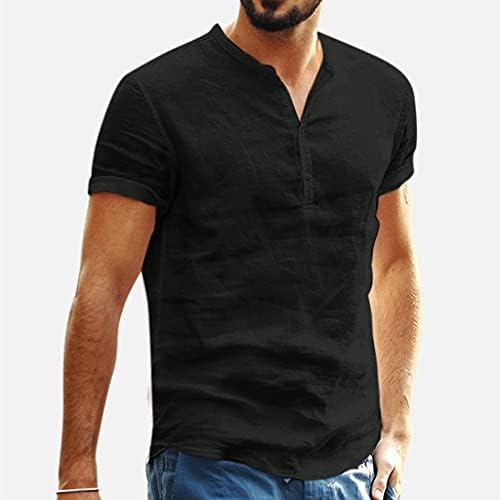 Camisa masculina de linho de algodão V de pescoço - manga curta Hippie Casual Tops espalhados colarinho de verão simples blusa de