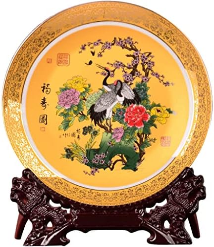 TJLSS Golden Pine e Crane Crane Creamic Plate Cerâmica Placa de decoração ornamental Placa de madeira Base de porcelana