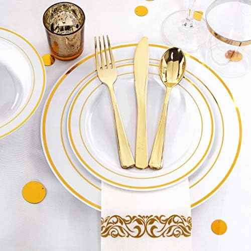 WDF 400Pieces Placas de plástico de ouro com talheres de plástico descartáveis ​​e copos de plástico de ouro e tigelas