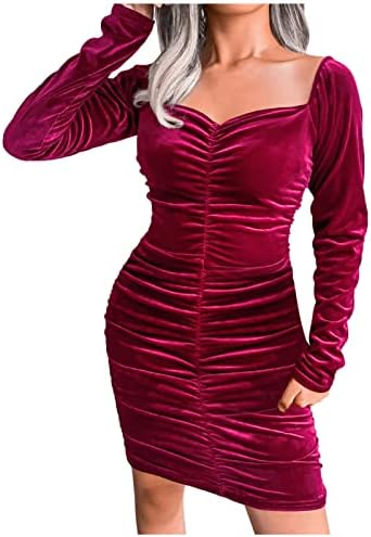 Iqka Women Sexy Velvet Dresses Off Square Pistag Shanve Sleeve Ruched Mini vestidos Night Out Clubwear