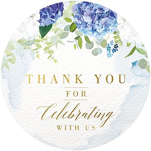 Mobiusea Creation Blue Floral Obrigado por celebrar conosco adesivos | 2 polegadas | Folha de ouro | 60pcs impermeabilizados com etiquetas de casamento de adesivos para casamento, chuveiro de noiva, chá de bebê
