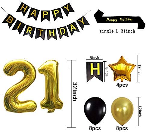 Decorações de aniversário de 21º Balão de Balão - Feliz Aniversário Banner, 21 Balões de Gold Number, balões de ouro e pretos,