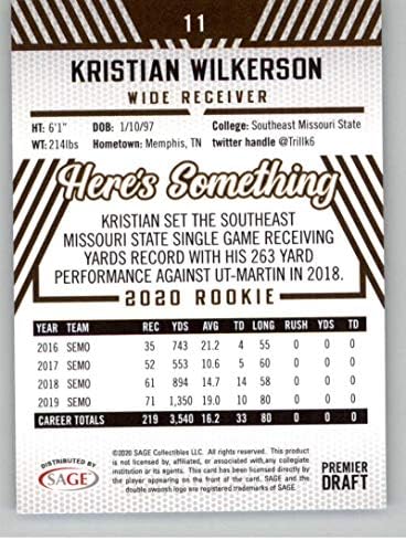 2020 Sage Hit Premier Draft #11 Kristian Wilkerson RC Rookie Southeast Missouri Redhawks Futebol Card