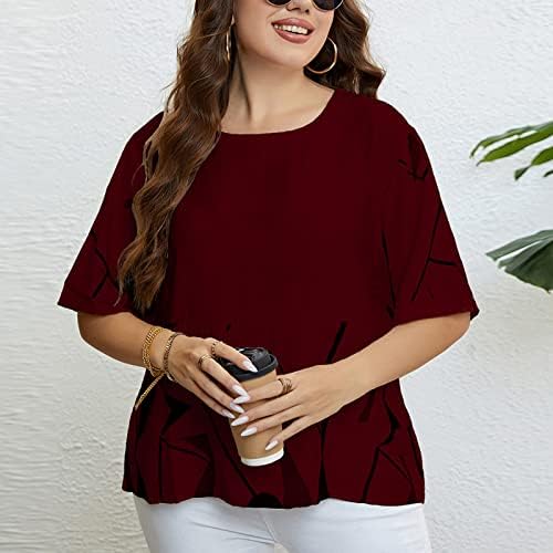 Tampas femininas de verão Blusa de linhagem de algodão de plugue camisetas geométricas de impressão geométrica Camisetas redondas