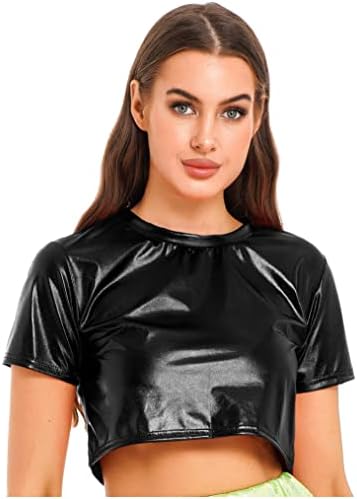 ACSUSS Mulheres Shiny Metallic Shorts Sleeve Dance Crops Tops Hip Hop Street Performance Dança da dança