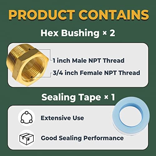 LionMax Brass Hex Bucha Reduce 2pcs, adaptador de ajuste de tubo rosqueado, fêmea NPT de 1 polegada NPT x 3/4 de polegada,