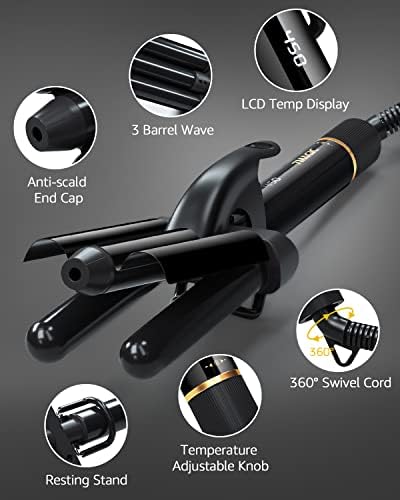 Waver Hair, 3 barril Ferro para ondas de praia, Crimper de cabelo com exibição de temperatura LCD, barris triplos de turmalina em