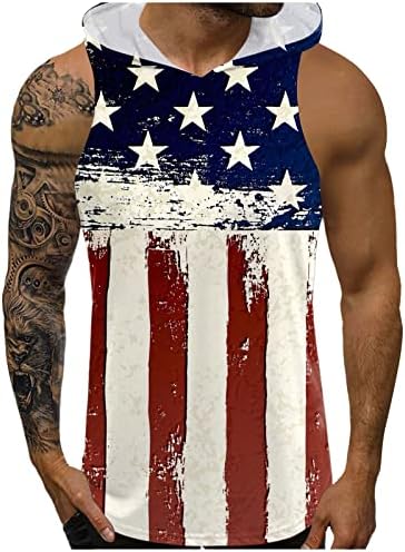 2023 Novo fitness de fitness externo masculino Dia da independência de verão lazer estampado esportivo tanque com capuz spandex