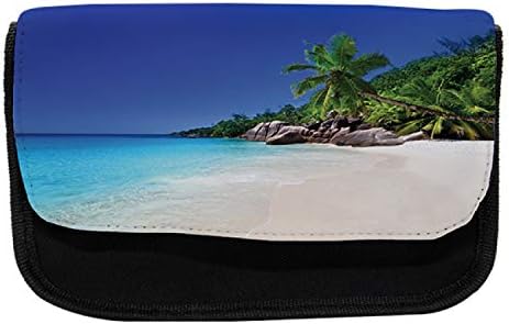 Caixa de lápis de praia lunarable, férias de viagem à ilha de Praslin, bolsa de lápis de caneta com zíper duplo, 8,5 x 5,5, marfim verde azul
