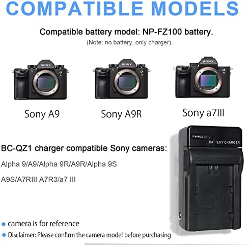 KWTOUL NP-FZ100 Carregador de bateria BC-qz1 com plug compatível com a Sony Alpha 9, A9, Alpha 9R, A9R, Alpha 9S A9S, A7RIII A7R3, A7 II e outras câmeras