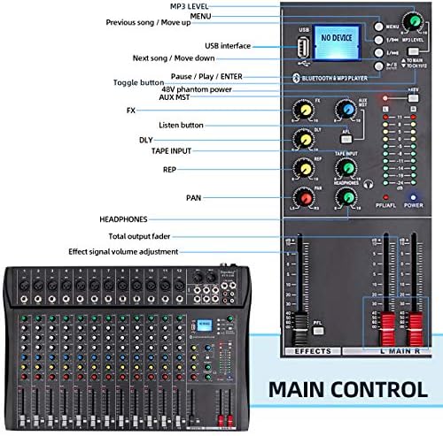 Despusheng DT12 Mixer de áudio de áudio de 12 canais Interface do controlador de som DJ com unidade USB para entrada de gravação de computador, tomada de microfone XLR, energia 48V, entrada/saída RCA para profissionais e iniciantes
