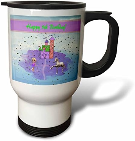 3drose Glitter Look Castle com Fairy Princess & Unicorn, Feliz 5º aniversário de aço inoxidável Caneca, 14 oz, multicolor