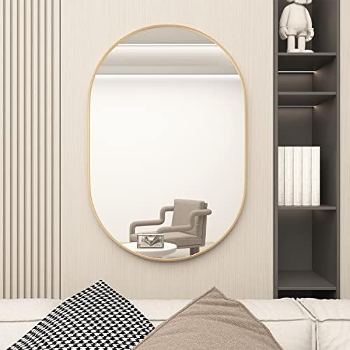 Espelho de parede da cápsula oval da cápsula de banheiro oval, espelho de 20 x30 espelhos montados na parede, espelho grande moderno com moldura de metal dourado, decoração para entrada, quarto, sala de estar