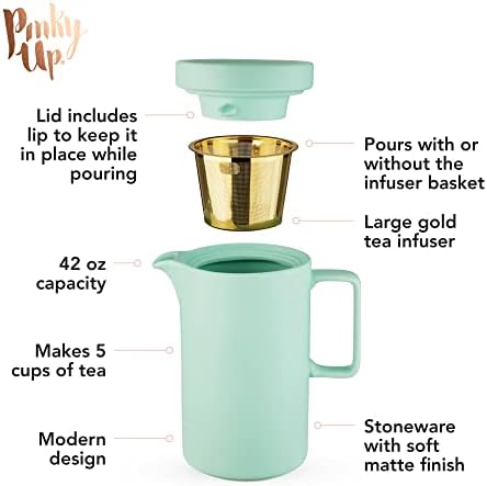 Pinky Up Jona bule, moderno infusor de chá de folhas soltas de cerâmica com tampa e cesta de infusões de metal dourado,