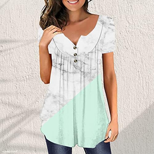 Meninas abotoarem as blusas de manga curta de barril de pescoço em bloco de mármore de mármore geometria gráfica sexy blusas plissadas