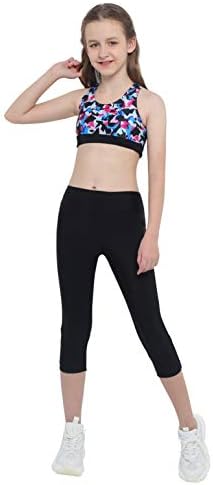 Tiaobug Kids Girls Athletic Letter Crop Top Top + Leggings de ioga para Running Gym Sport Activewear